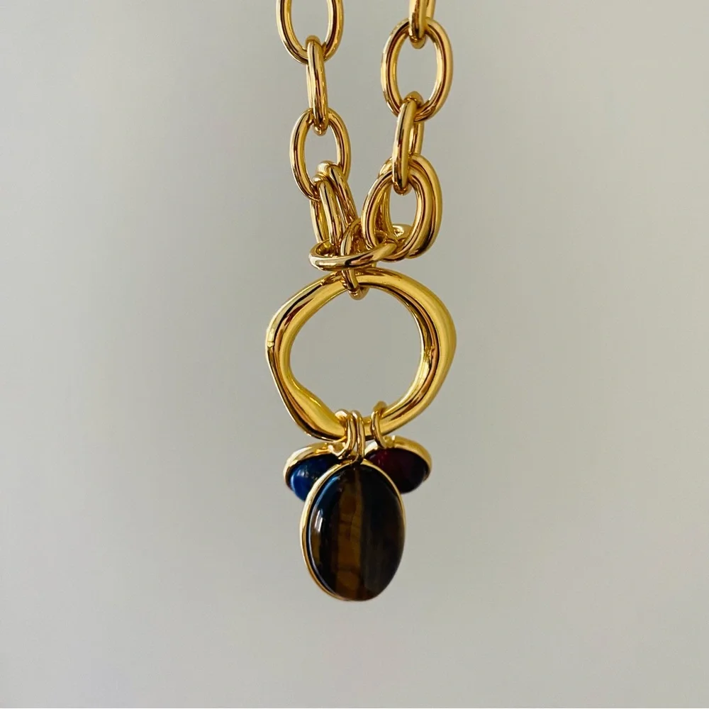 $88 NWT Madewell Semiprecious Tiger's Eye Lapis Stone Gold Chain Charm Necklace - Picture 6 of 12